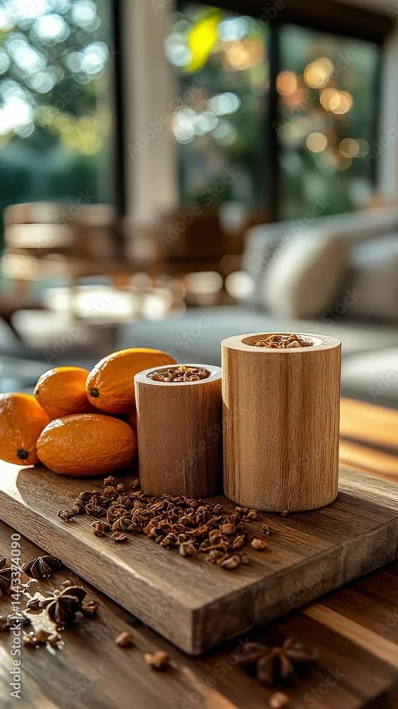 Poster wooden board with a few spices on it. there are two small wooden containers with spices on it. there
