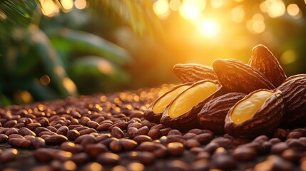 Fototapeta premium Cocoa pods and beans bathed in golden sunlight