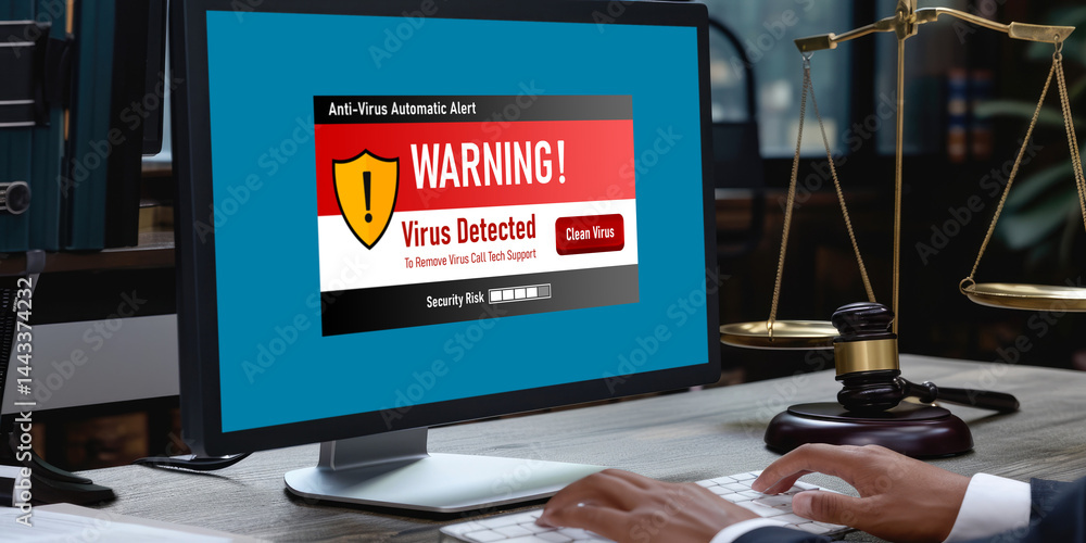 Poster virus warning alert on computer screen detected brisk cyber threat , hacker, computer virus and malw