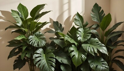 Lush indoor plants with beautiful green foliage in a bright, naturally lit corner space.