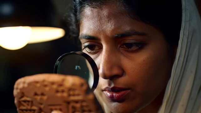 Clay Tablet Examination: Woman with Magnifying Glass Studying Ancient Script