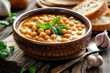Bowl of chickpea stew with bread and garlic on table