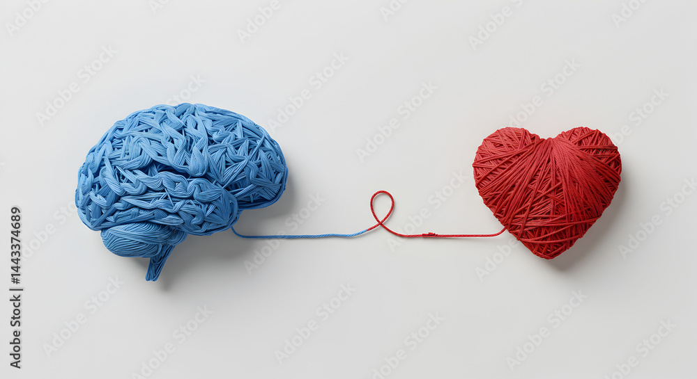 Poster conceptual mind brain and heart connection in red and blue with thread on white