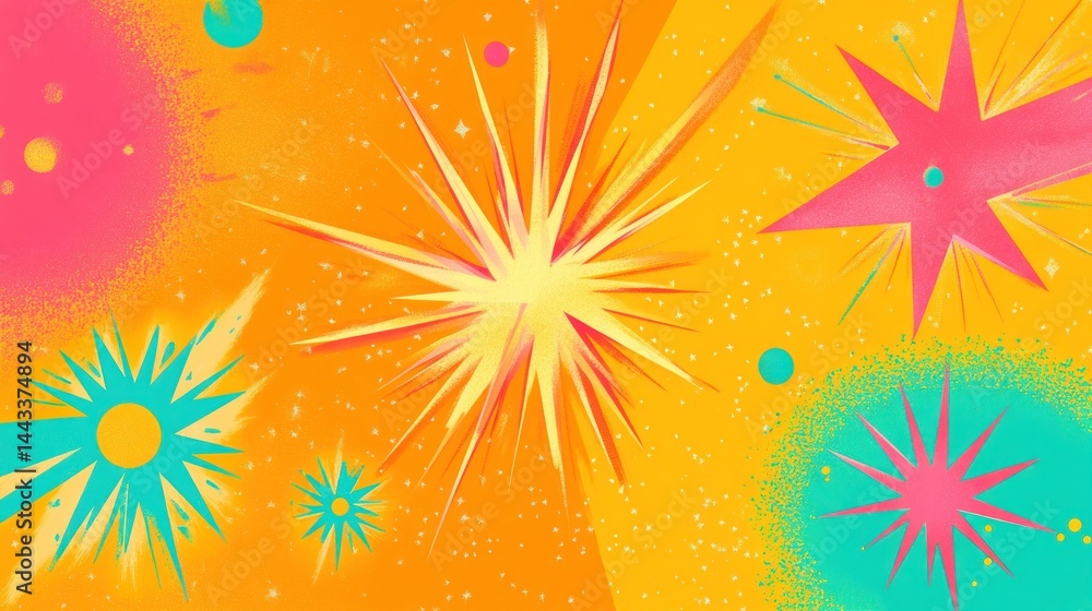 Poster festive bright abstract background with colorful firework-like shapes and sparkles on orange.