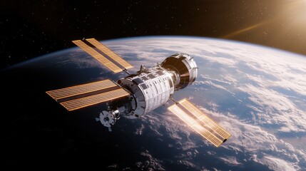 Rare earth renewable energy Concept, Futuristic Satellite in Orbit Utilizing Fully Renewable Energy with Solar Panels and Earth Background