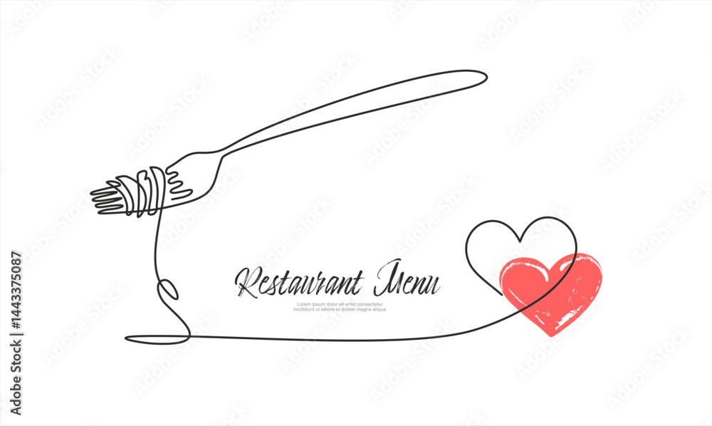 Poster fork with pasta in one continuous line drawing. italian spaghetti noodle and heart for menu design a