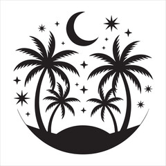 Obraz premium Boho-style summer silhouette with crescent moon, palm trees, and stars