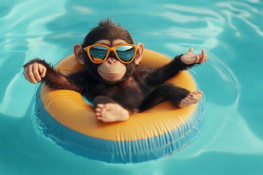 A relaxed monkey wearing sunglasses floats on a colorful inner tube in a serene pool