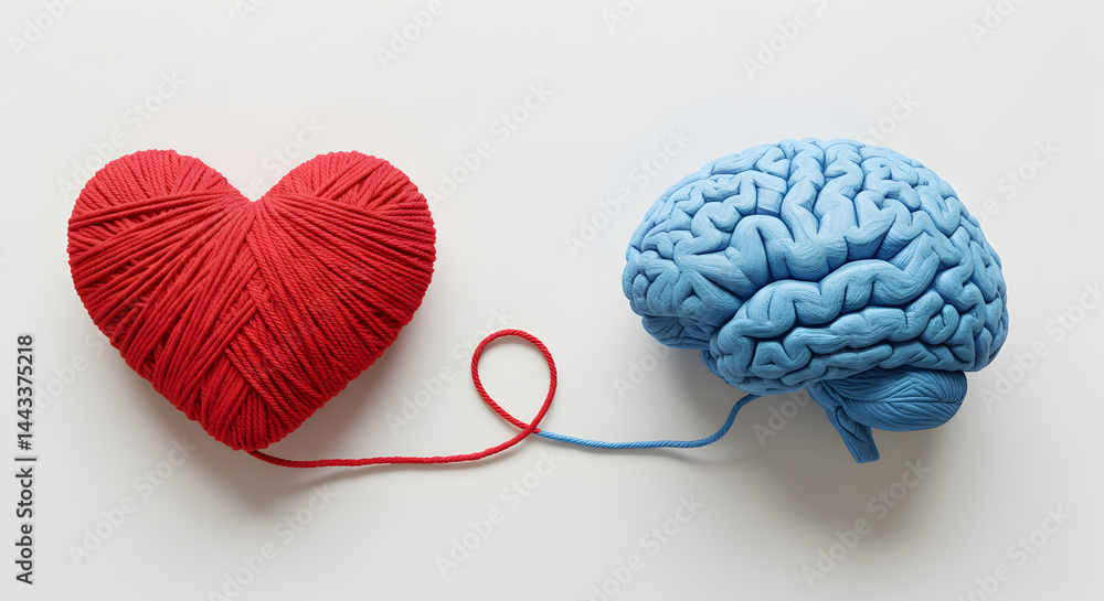 Poster connected red heart with blue brain concept on white background showing balance between logic and em