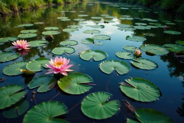 Water lilies forming a natural floral pattern across lake, green, botanical illustration
