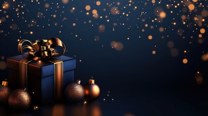 Obraz premium Elegant Christmas gift with golden ribbon and ornaments on a dark blue background with bokeh lights. Festive holiday concept.