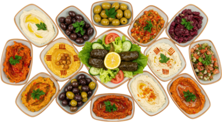 Delicious Mediterranean Mezze Platter Hummus Baba Ghanoush Olives Salads and More