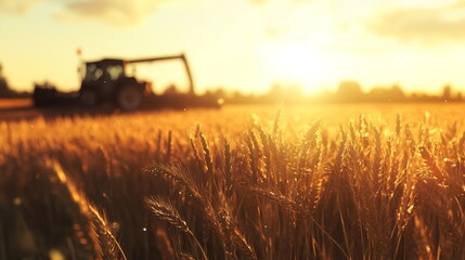Fototapeta premium Wheat field is in focus, with a combine and tractor blurred in the distance. 
