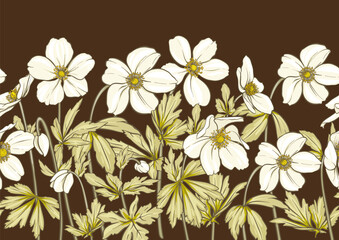 Fototapeta premium Forest Anemone flowers, decorative flowers and leaves Seamless pattern, background. Vector illustration. In botanical style
