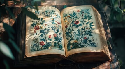 Antique book open, showcasing botanical illustrations, sunlight filtering through leaves.