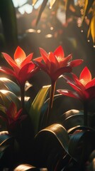 Three vibrant red bromeliad flowers bathed in sunlight.