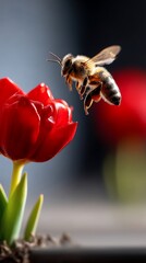 Bee in flight near red tulip. Pollination process captured in vibrant detail