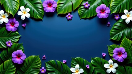 Tropical Floral Frame: Lush Green Monstera Leaves and Vibrant Purple Flowers Background Exotic Ambiance