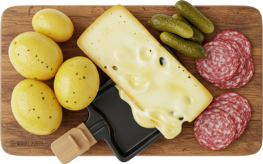 Delicious Raclette Cheese with Potatoes Pickles and Salami on Wooden Board
