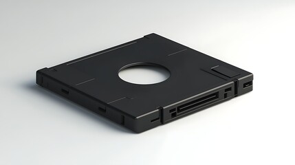 Obraz premium Isolated dark object with circular aperture and rectangular slots against a white background