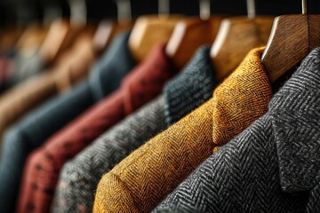 closeup of a row of autumn coats hanging on wooden hangers on a rustic wooden rack, featuring textured fabrics in warm colors like gray, mustard, and rust, soft focus background with cozy atmosphere