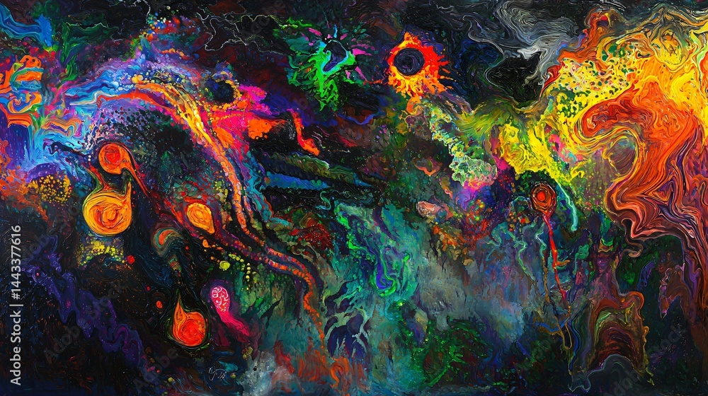 Poster vibrant painting with a rich array of colors blending together to create a beautifully surreal abstr