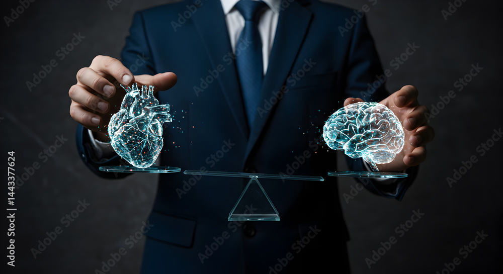 Poster digital man holds balancing heart and brain for emotional intelligence and logic concept in dark bac