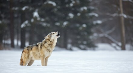 Obraz premium Wolf Howling in Snowy Forest During Winter Day