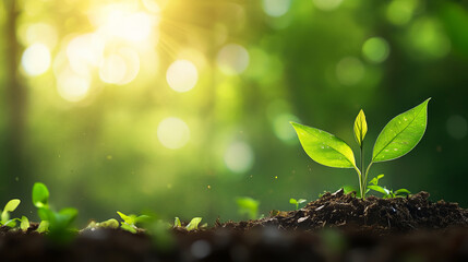 vibrant green plant emerges from rich soil, symbolizing growth and renewal in sunlit forest setting