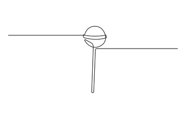 Continuous line drawing of lollipop, spiral hard sugar candy on stick. Vector sketch of round caramel with striped swirls in one black contour isolated on white background.