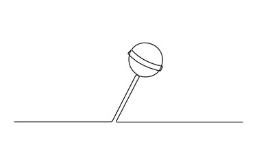 Continuous line drawing of lollipop, spiral hard sugar candy on stick. Vector sketch of round caramel with striped swirls in one black contour isolated on white background.