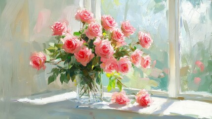 Sunlit pink roses in glass vase on windowsill.