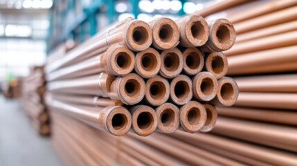 Stacked copper pipes in a factory.  Close up view of the interior of the tubes