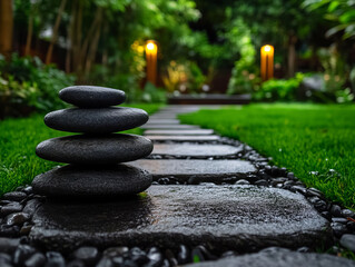 serene garden pathway featuring stacked stones, lush greenery, and soft lighting creates tranquil atmosphere for relaxation