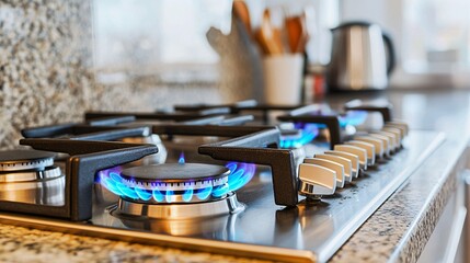 Naklejka premium modern stainless steel gas stove with four burners, placed in a sleek, contemporary kitchen. The blue flames are visible, indicating active cooking. The background includes marble countertops 
