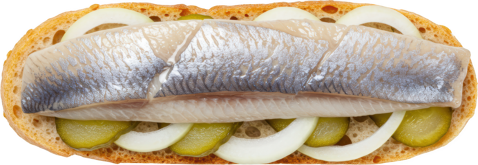 Delicious Herring Sandwich with Onions and Pickles on Crusty Bread