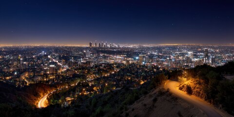 Fototapeta premium Night view of a sprawling city, illuminated by the glow of countless lights