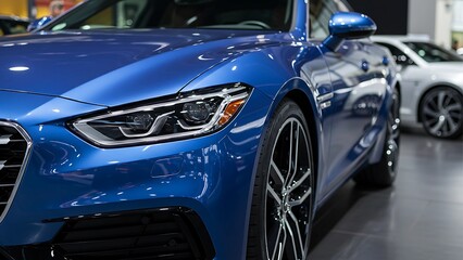 Automotive Design: Sleek Blue Car at an Auto Show