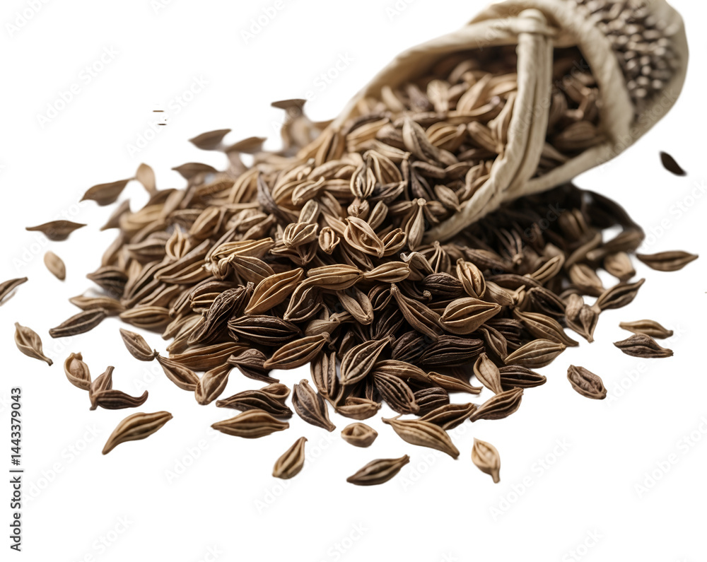 Poster detailed close up capturing the intricate texture and warm color tones of dry caraway seeds spilling