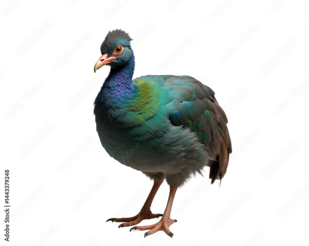 Poster detailed close up of a colorful guinea fowl with vibrant feathers and intricate patterns, standing p