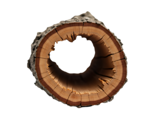 Detailed Close Up of a Hollow Tree Trunk with a Small Hole Revealing Inner Wood Grain and Texture on an Isolated Plain, Ideal for Conceptual Imagery