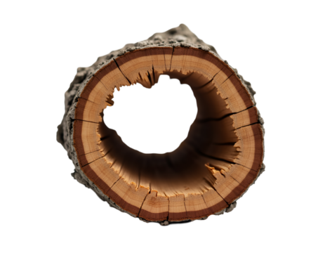 Detailed Close Up of a Hollow Tree Trunk with a Small Hole Revealing Inner Wood Grain and Texture on an Isolated Plain, Ideal for Conceptual Imagery