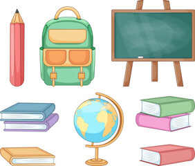 School supplies vector set with backpack books globe and blackboard