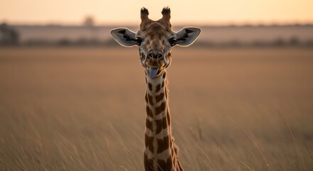 Obraz premium Giraffe Sticking Out Tongue in Golden Light in Tall Grass