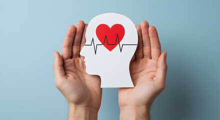 Hands Gently Cupping Brain Silhouette with Red Heart and EKG Line on Blue Background