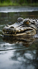 Fototapeta premium A crocodile partially submerged in murky swamp waters, eyes just above the surface.
