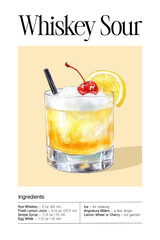 Whiskey Sour cocktail with ice cubes, foamy egg white layer, lemon wheel and cherry garnish in a lowball glass. Watercolor illustration on light beige background. Classic bourbon drink with citrus 