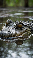 A crocodile partially submerged in murky swamp waters, eyes just above the surface.

