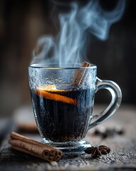 Fototapeta premium Steaming dark liquid in glass cup with orange peel and cinnamon on rustic wooden surface