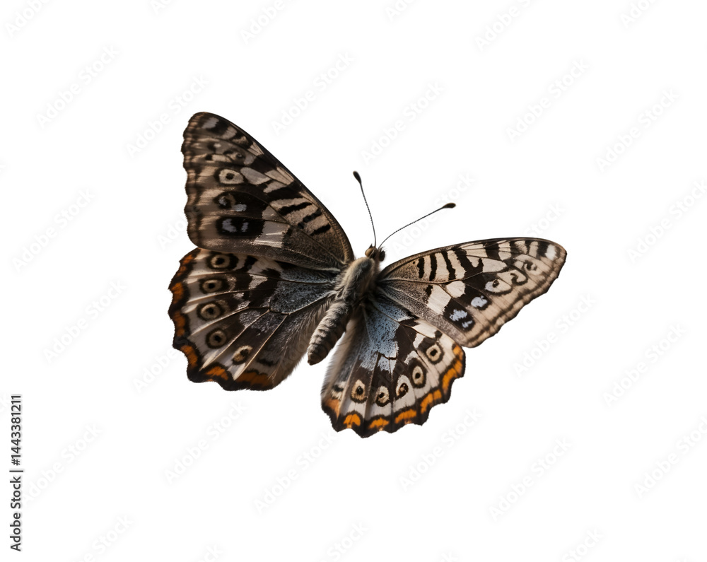 Poster detailed close up showcasing the speckled wood butterfly as it floats delicately, its wings display 